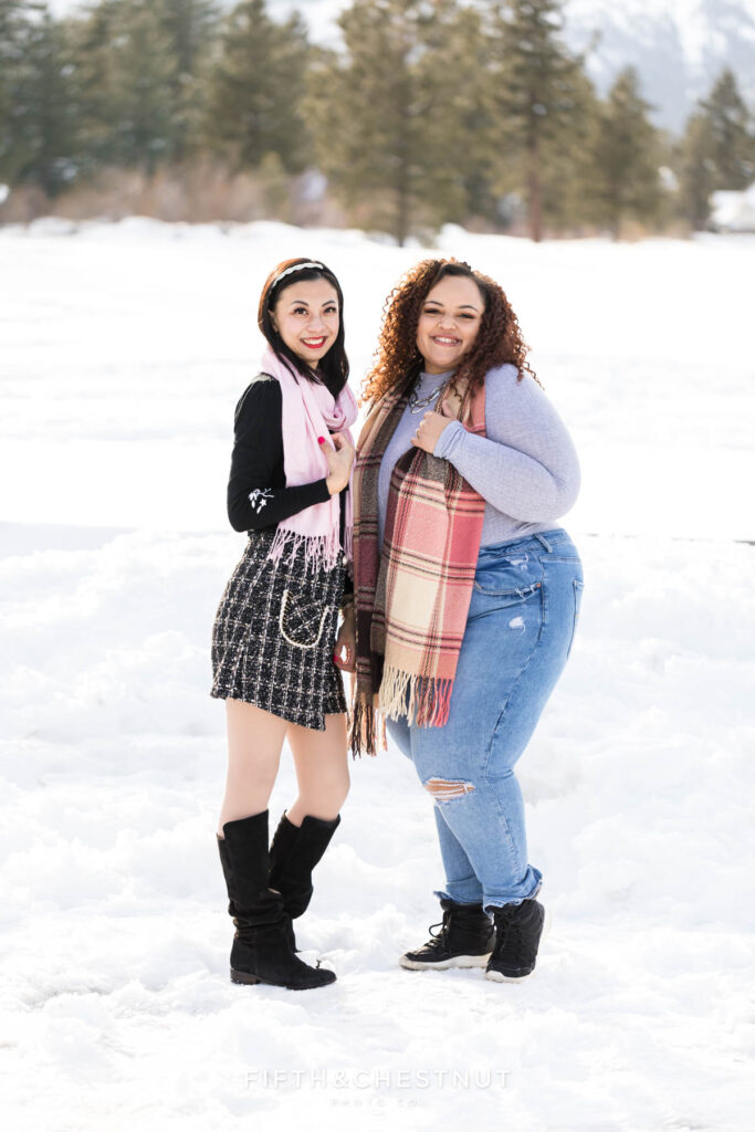 Winter Reno Branding Photos with Sapphire Beauty Studio and Tawana of Devine Dolls Boutique in a snowy setting at Callahan Park in Reno, NV.