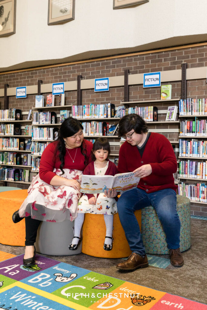 Creative Bookstore Family Portraits at Sundance Books & the Reno Downtown Library by Reno Family Photographer in winter