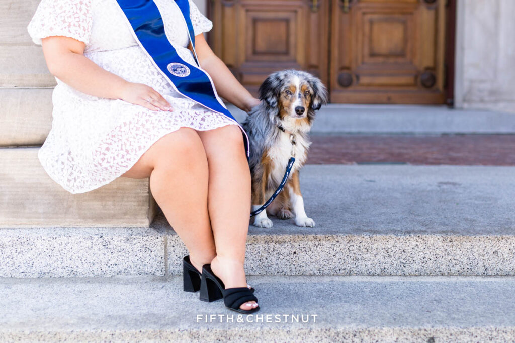 Gorgeous Spring UNR Grad Portraits of Jordan with her dog by UNR Grad Photographer at University of Nevada Reno