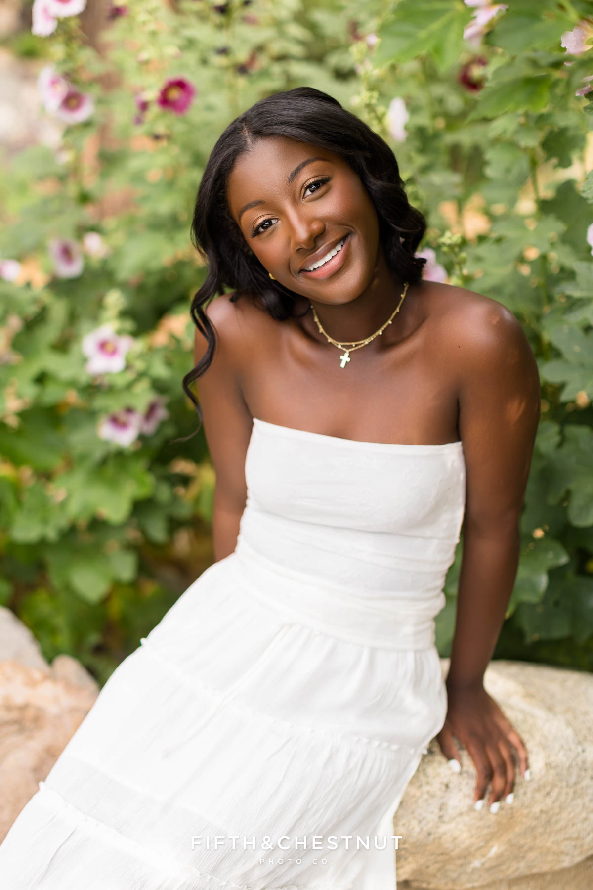 Senior girl in white maxi dress at flower farm in Reno – flower farm senior photos in Reno/Tahoe