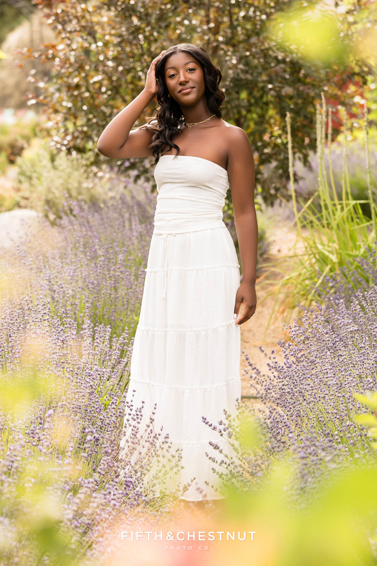 Senior girl in white maxi dress at flower farm in Reno – flower farm senior photos in Reno/Tahoe